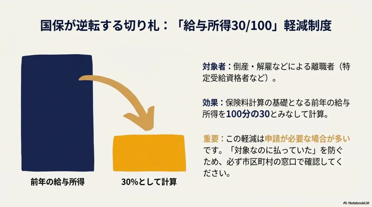 倒産・解雇などによる離職時に前年給与所得を30/100とみなして計算する国保軽減制度の解説