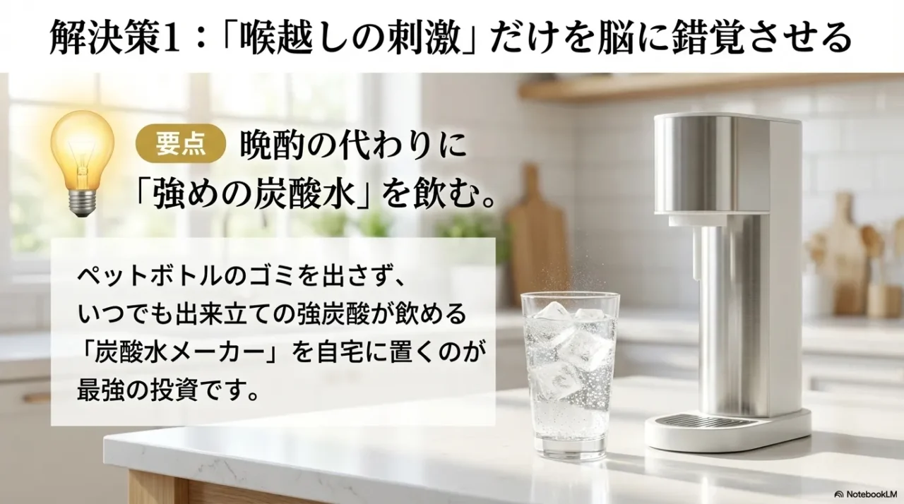 晩酌の代わりに強い炭酸水を使って喉越しの刺激を置き換える方法を示す画像