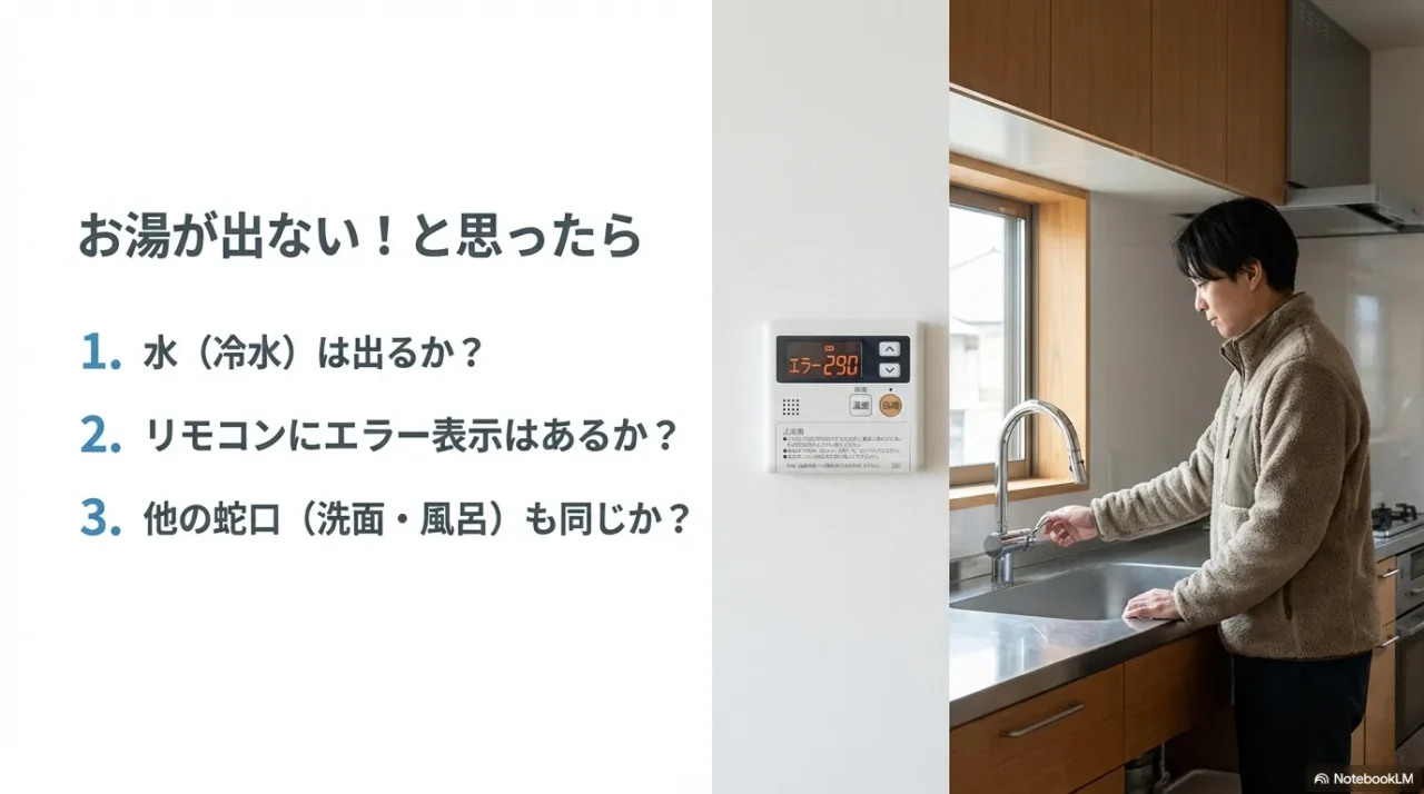 冷水は出るか、エラー表示はあるか、他の蛇口も同じかを確認する切り分けスライド
