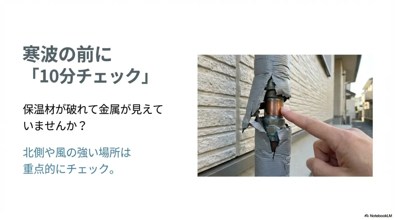 寒波前に保温材の破れや金属露出を確認し、北側や風が強い場所を重点チェックするスライド
