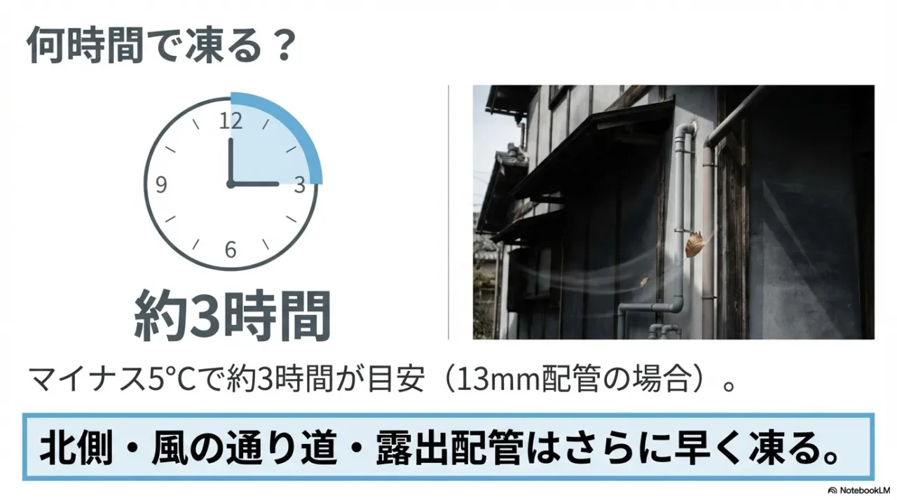 配管径別に凍結までの時間目安を示し、北側や風の通り道は早まると説明するスライド