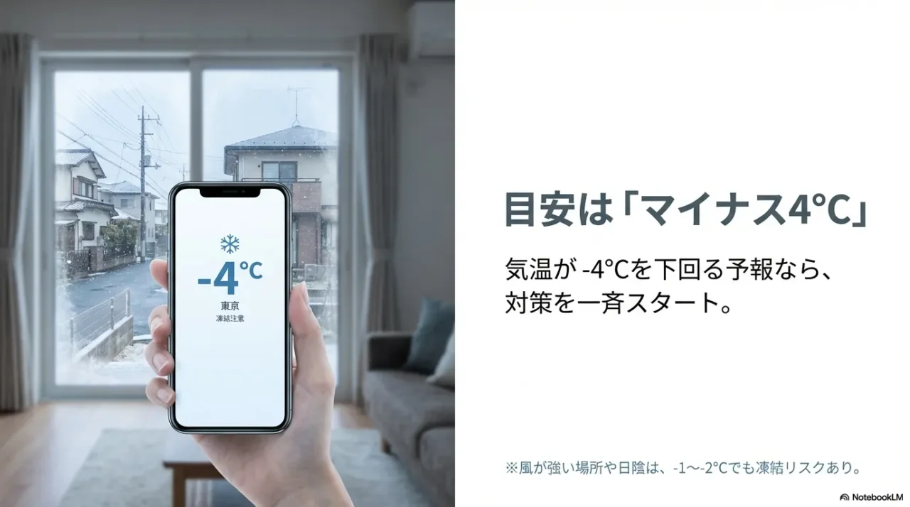 凍結対策の目安はマイナス4℃、風や日陰では-1〜-2℃でもリスクがある図