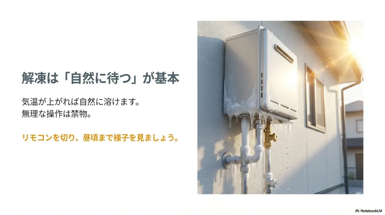 凍結時は自然に溶けるのを待ち、リモコンを切って昼頃まで様子を見ると示すスライド