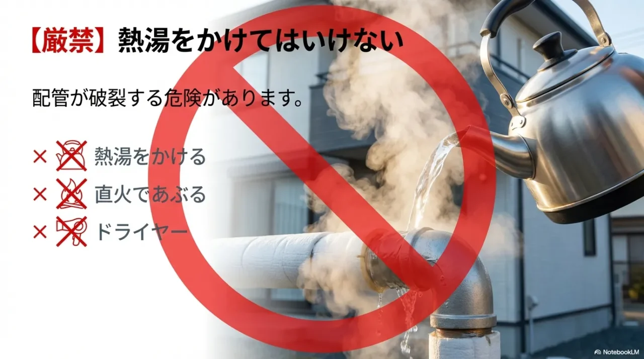 凍結時の禁止行動として熱湯、直火、ドライヤーを挙げ、配管破裂の危険を示すスライド