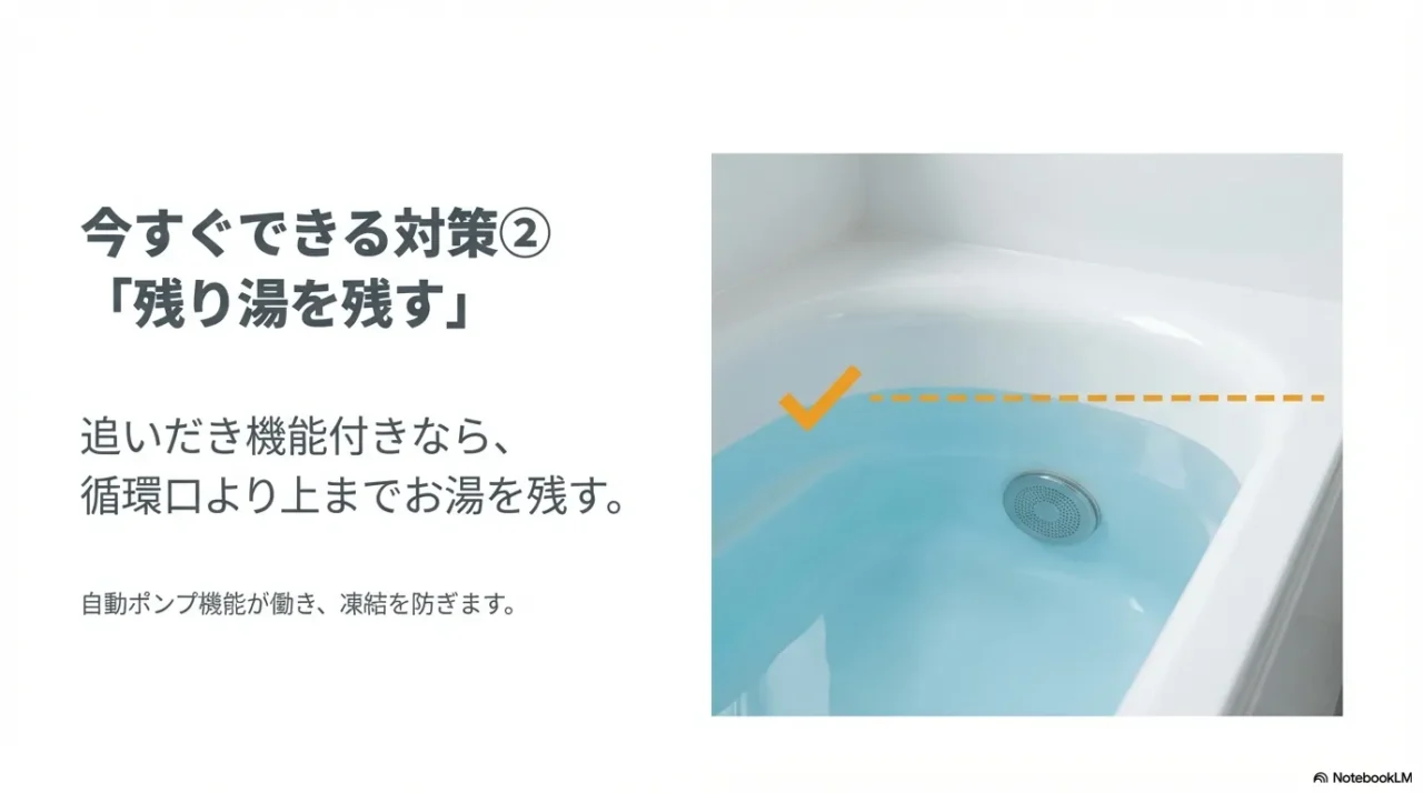 追いだき配管の凍結防止として浴槽の残り湯を循環口より上に残すと示すスライド