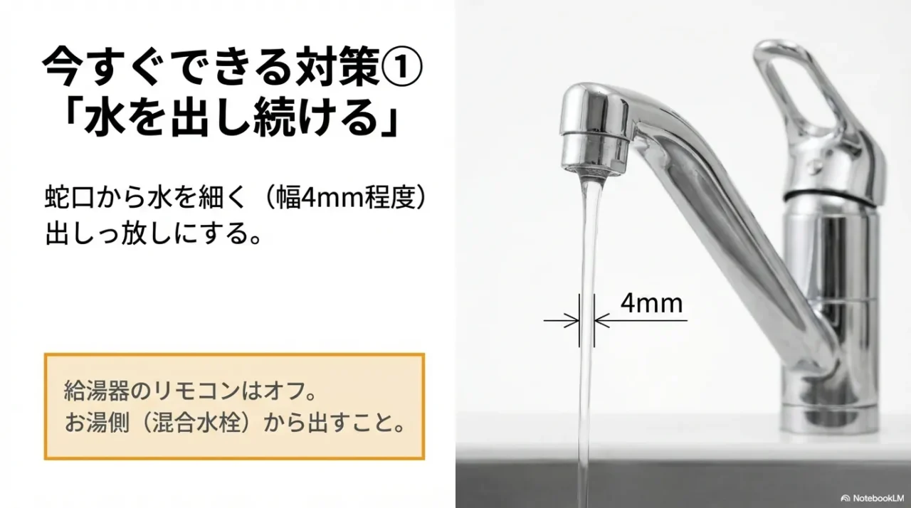 凍結防止のため蛇口から幅4mm程度で通水し、混合水栓はお湯側で出すと説明するスライド