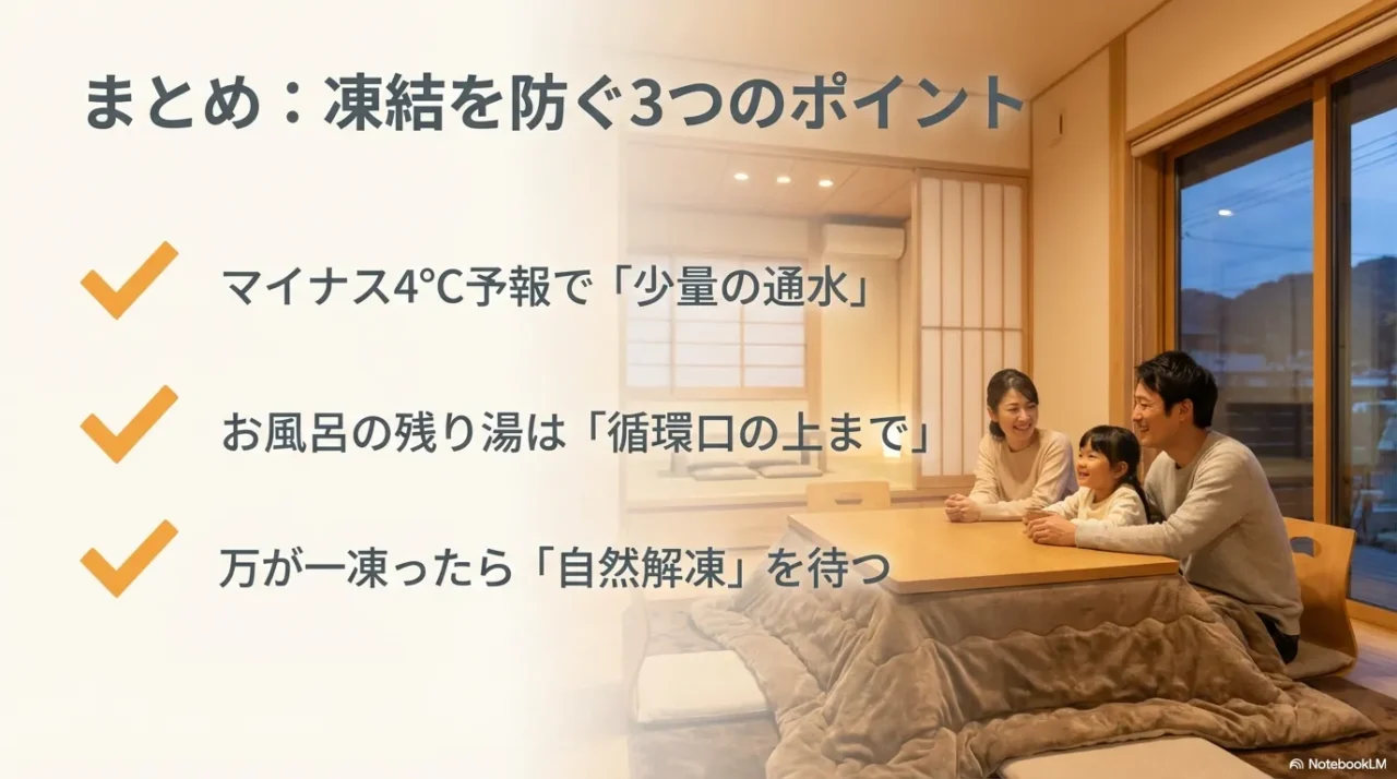 マイナス4℃予報は通水、残り湯は循環口の上、凍ったら自然解凍を待つ3ポイントのまとめスライド