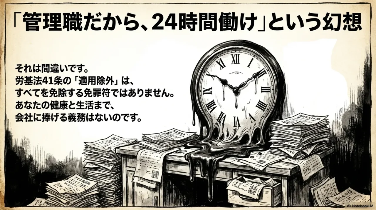 溶けていく時計と積み上がった書類のイラスト。「それは間違いです。労基法41条の適用除外は、すべてを免除する免罪符ではありません」という警告文。