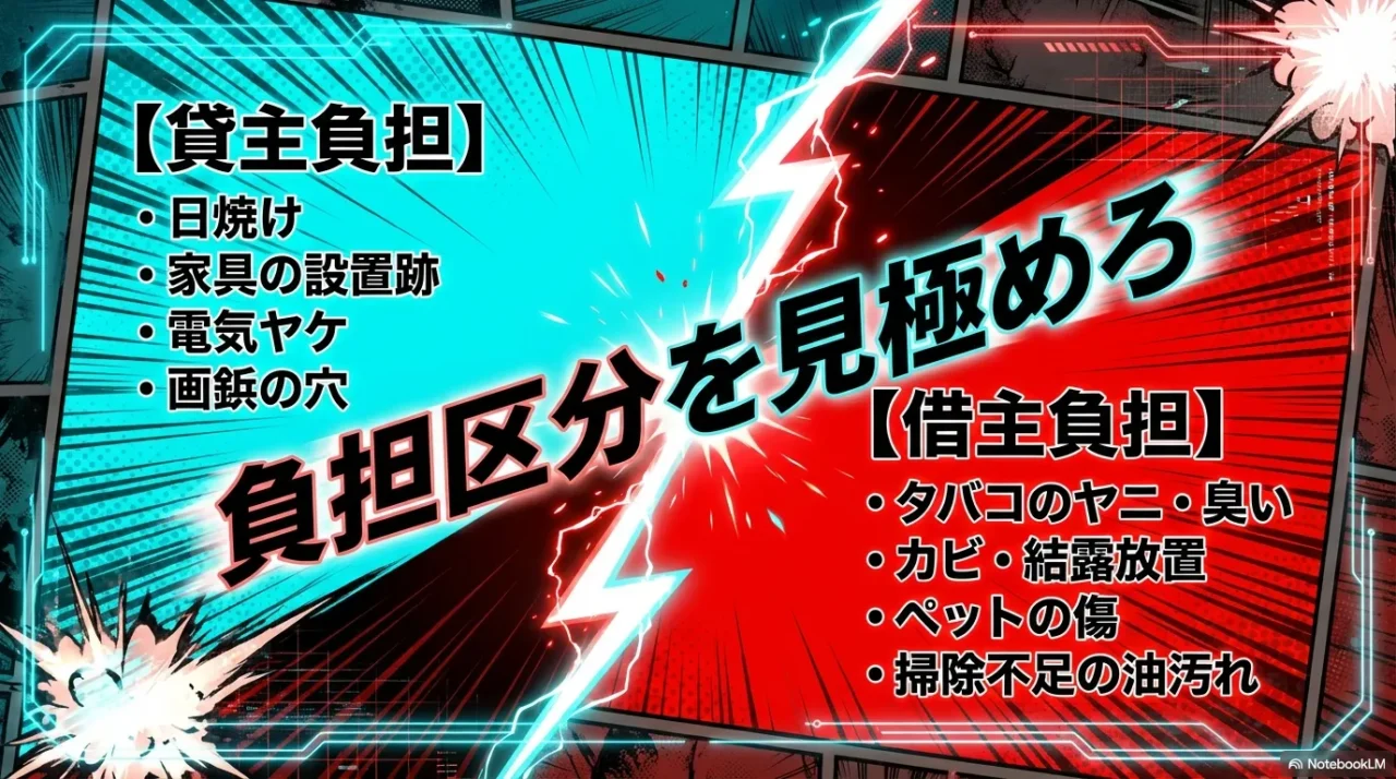 日焼けや家具設置跡は貸主負担、タバコのヤニやカビは借主負担という具体例のリスト