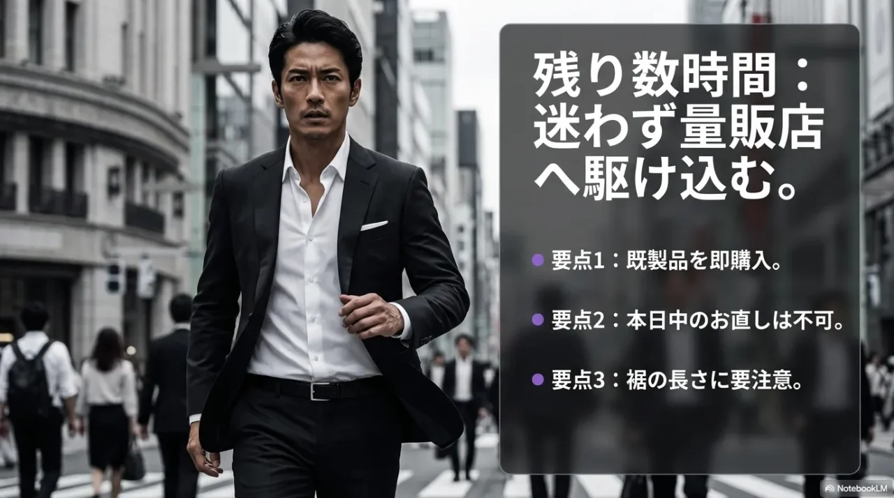 数時間後に弔事が迫っている時は量販店へ急ぐべきだと示した緊急対応用の画像