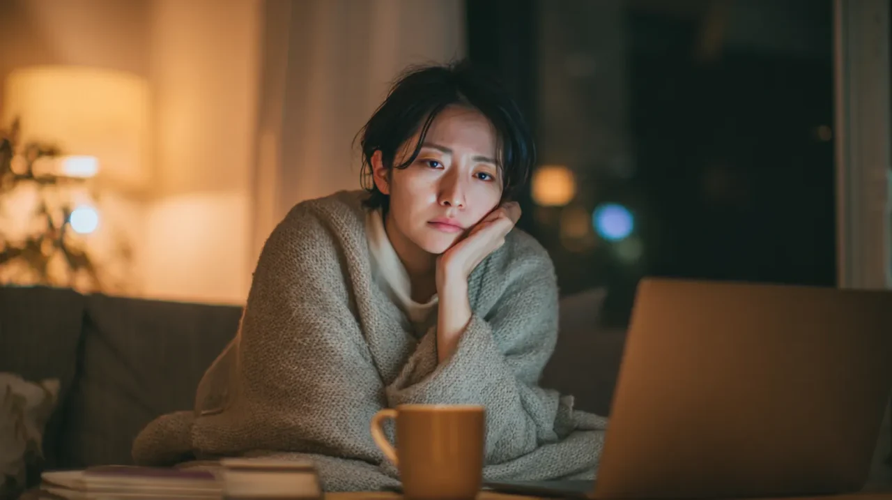 夜のリビングで無気力と不眠に悩む女性がソファでうつむき、机にノートPCと温かい飲み物が置かれている