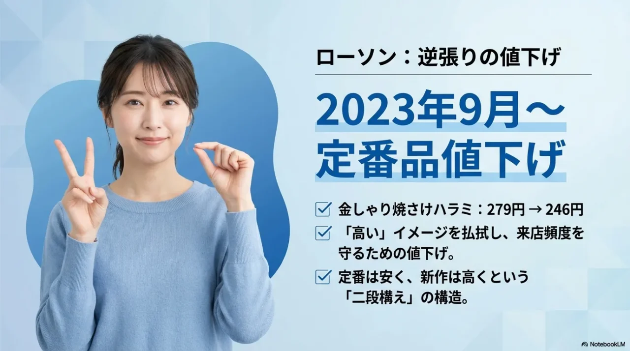 ローソンの定番おにぎり値下げと新作との価格差による戦略の図解