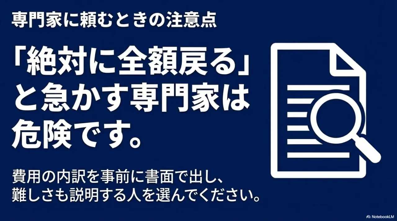 全額返金を保証する専門家に注意するイメージ