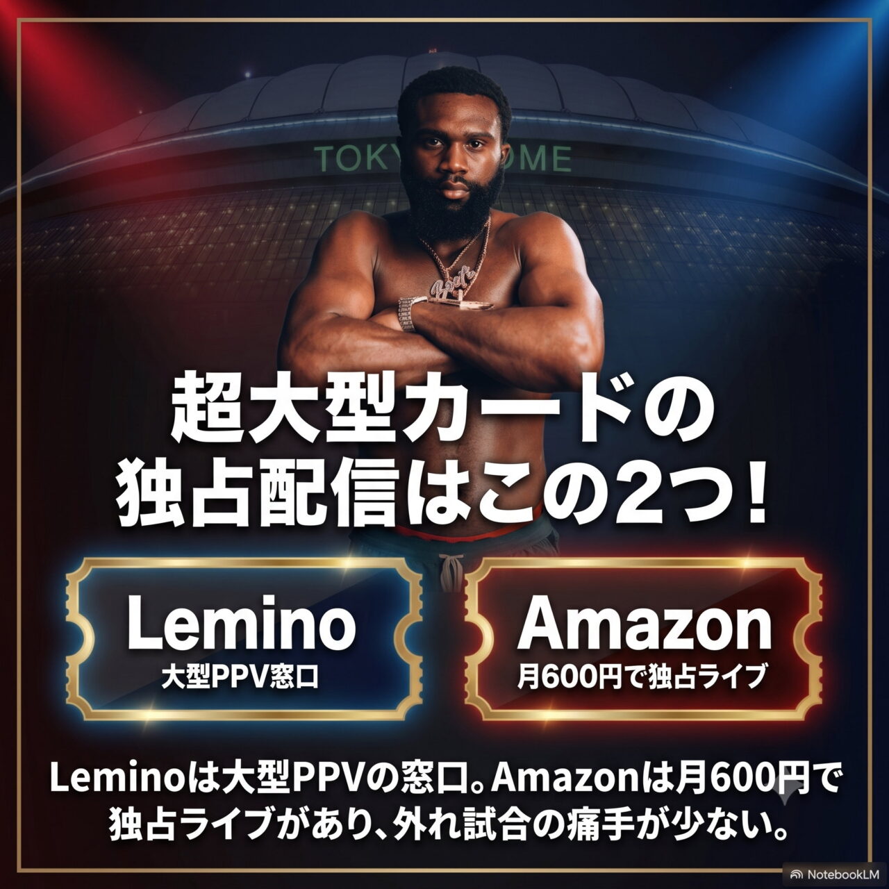 「超大型カードの独占配信はこの2つ」の見出し図。東京ドームを背景に、Leminoを大型PPVの窓口、Amazonを月600円で独占ライブと説明するチケット型のパネルが2枚並ぶ。