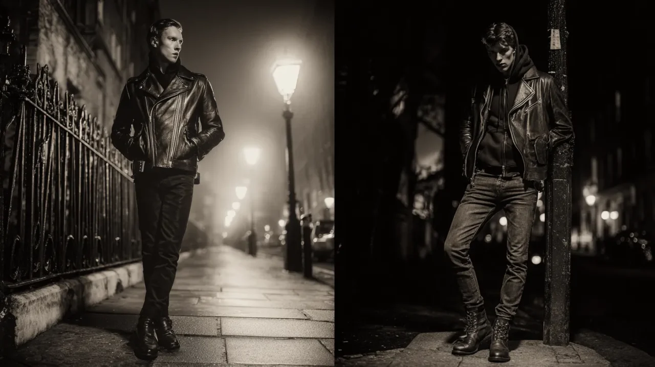 霧がかったヨーロッパ風の夜の路上で、左側にタイトなロンジャンを着て歩く男性、右側にフーディーの上からボックス型アメジャンを羽織り街灯にもたれて立つ男性が、それぞれUKロックとUSロックらしい雰囲気を対比的に見せているモノクロ写真