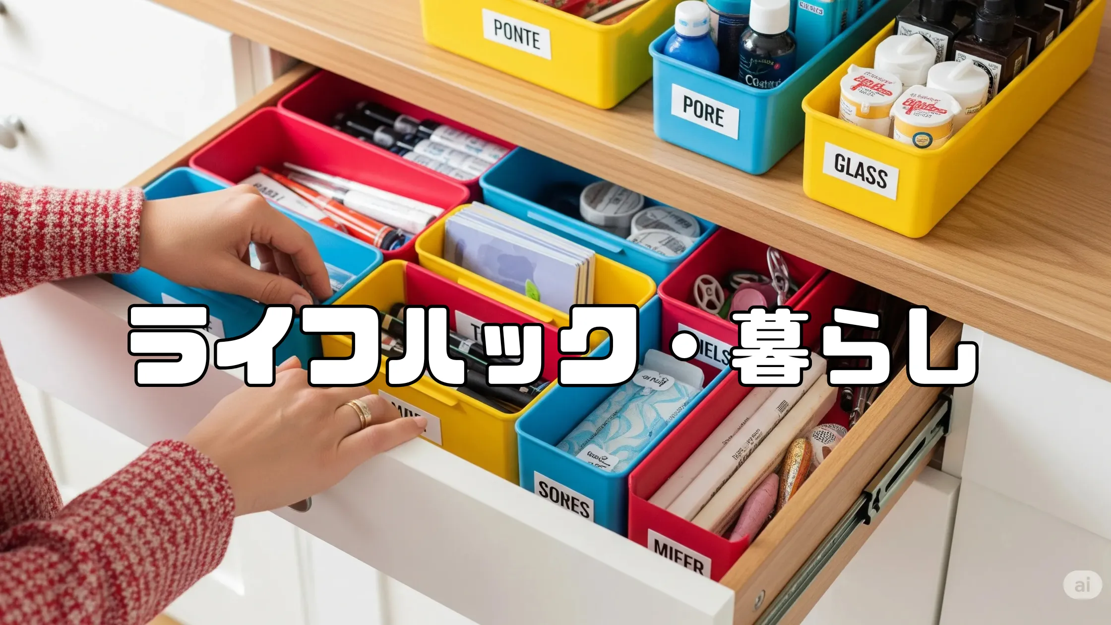 引き出しの中をカラフルな収納ケースで整理する手元