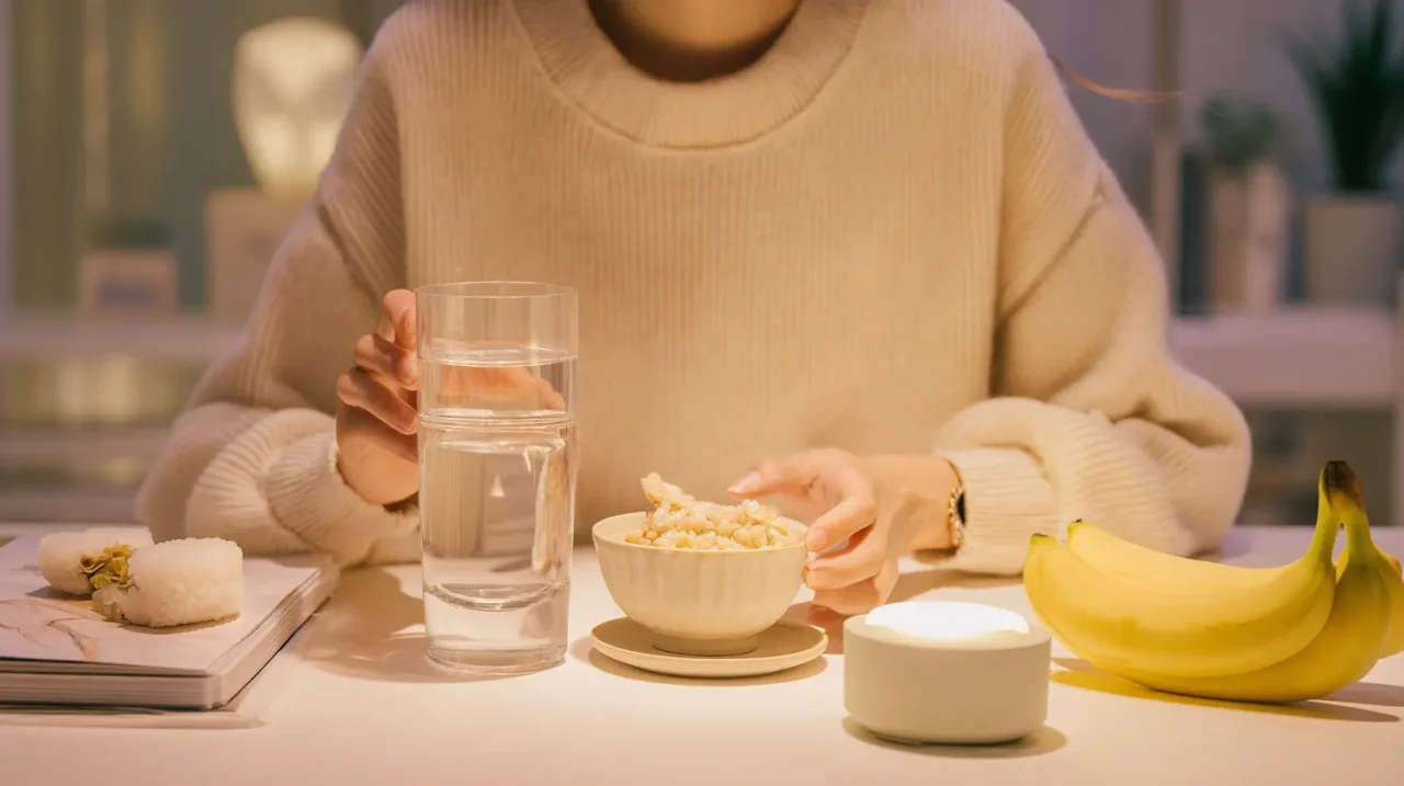 寝る前に水と軽い炭水化物をとる様子。グラスの水、軽食の器、おにぎりとバナナが並び、二日酔い軽減の軽食を連想させる