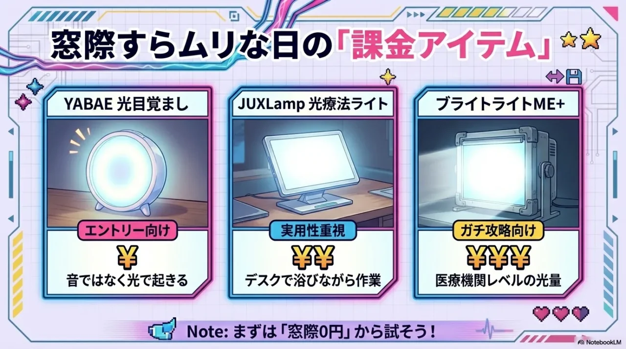 光目覚まし・光療法ライト・ブライトライトME+の3選択肢を比較した画像