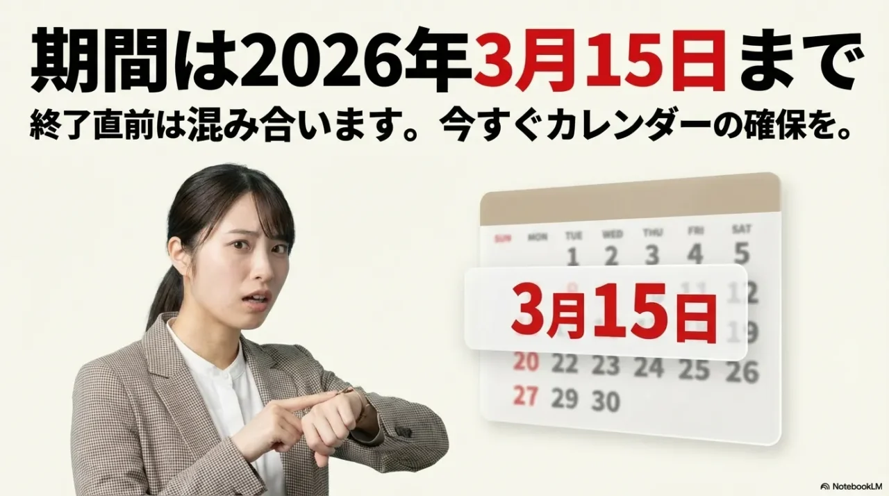 2026年3月15日までのカレンダー。終了直前は混雑が予想される