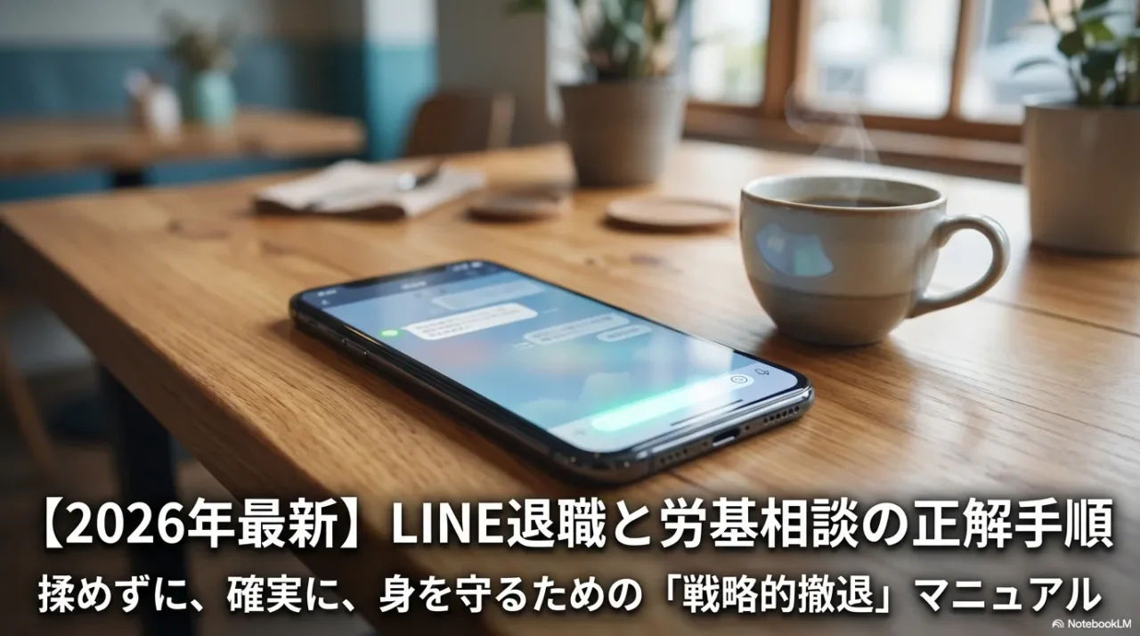 スマホとLINEのやり取りを背景に、LINE退職と労基相談の手順を示す導入画像