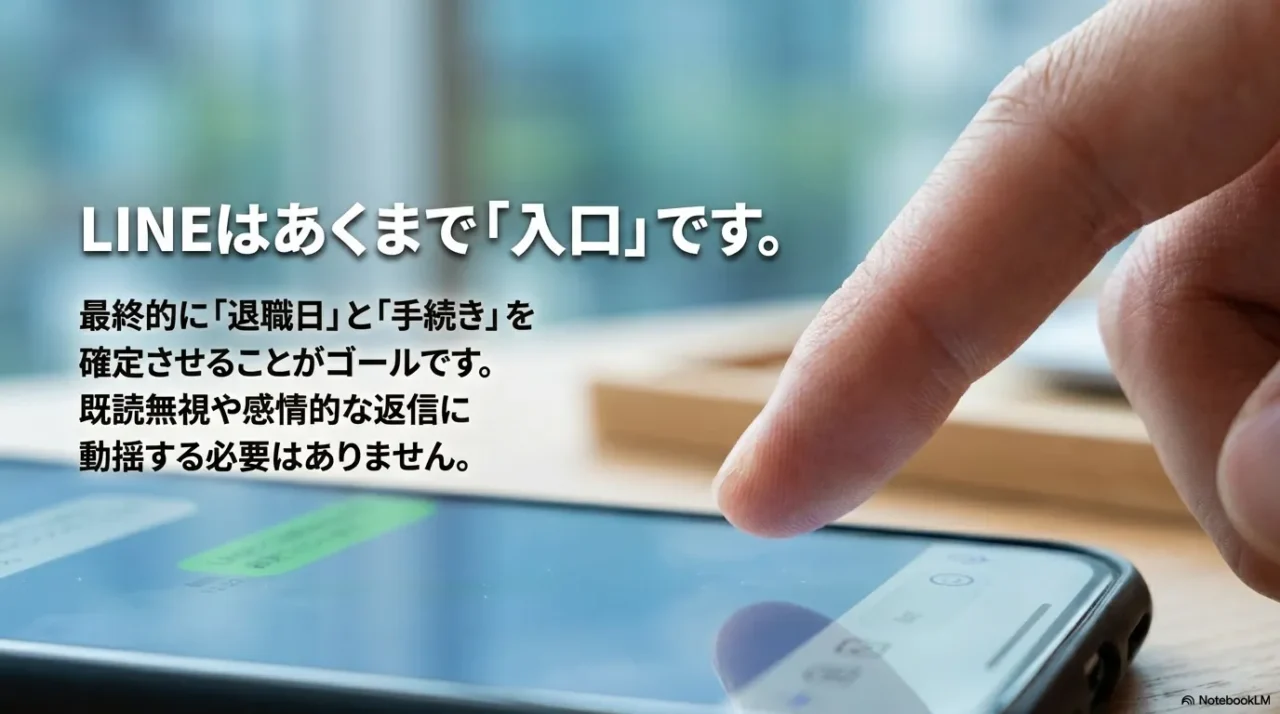LINEは入口で、退職日と手続きを確定させるのがゴールだと示す画像