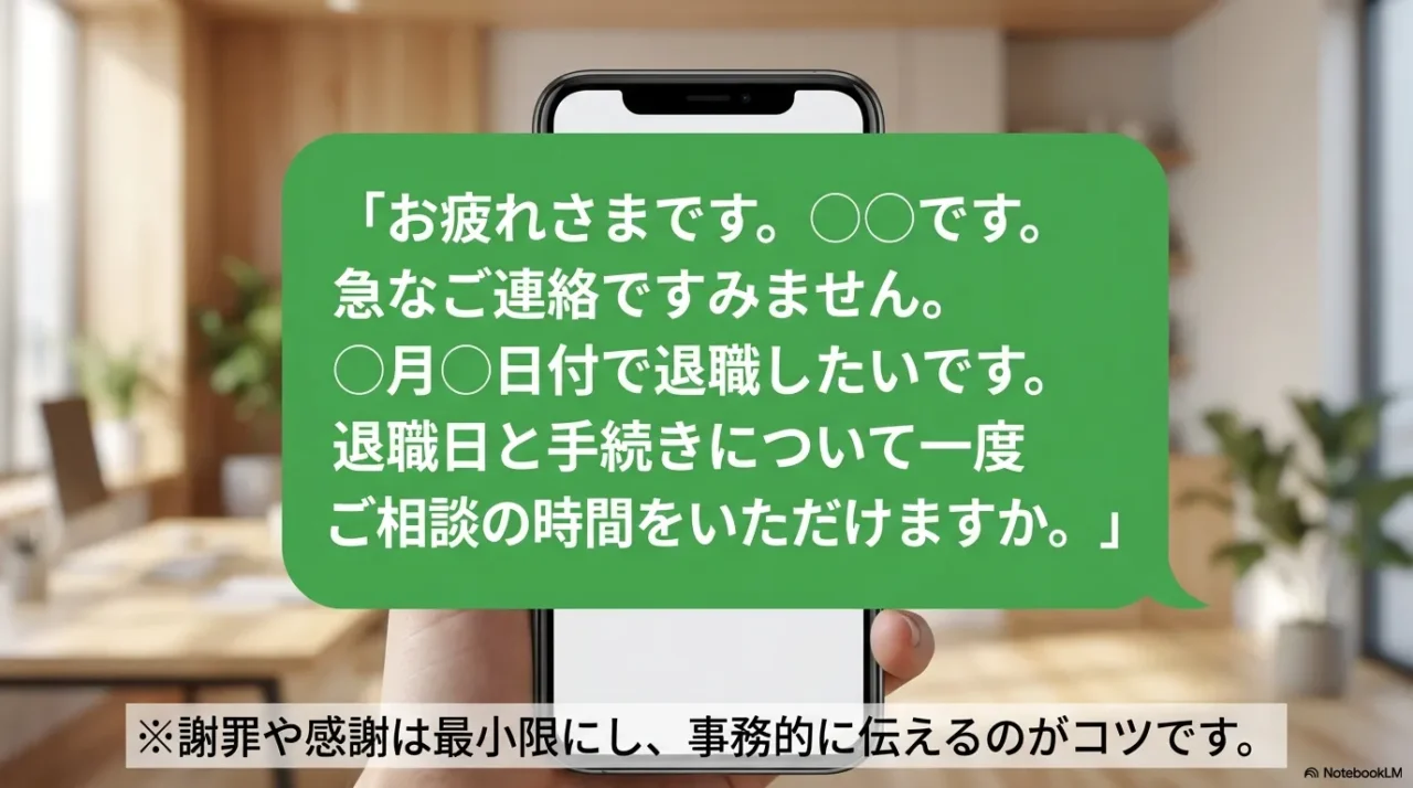LINEで退職日と相談時間を依頼する短文テンプレを示す吹き出し画像