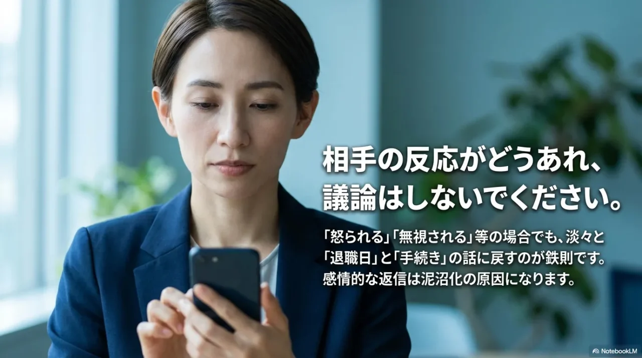 相手が怒っても無視しても議論せず、退職日と手続きに戻す重要性を示す画像