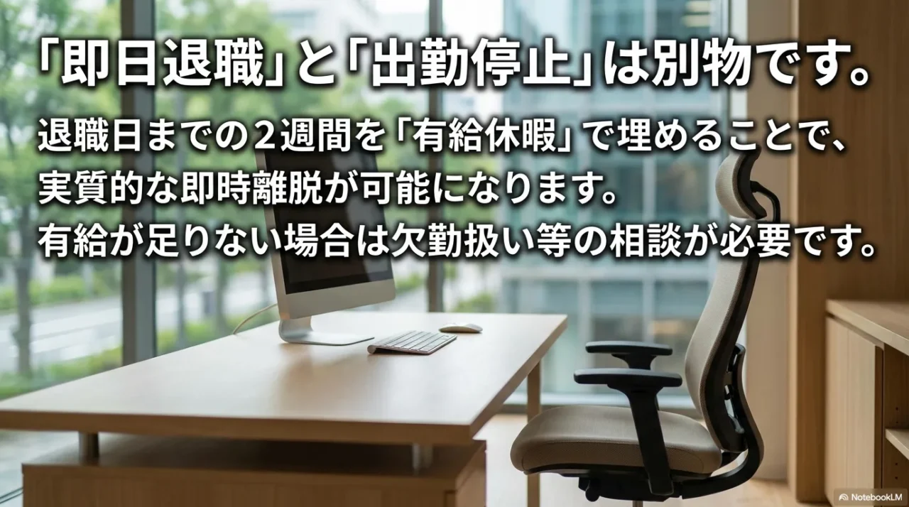 即日退職と出勤停止は別で、退職までの2週間を有給で埋める考え方を示す画像