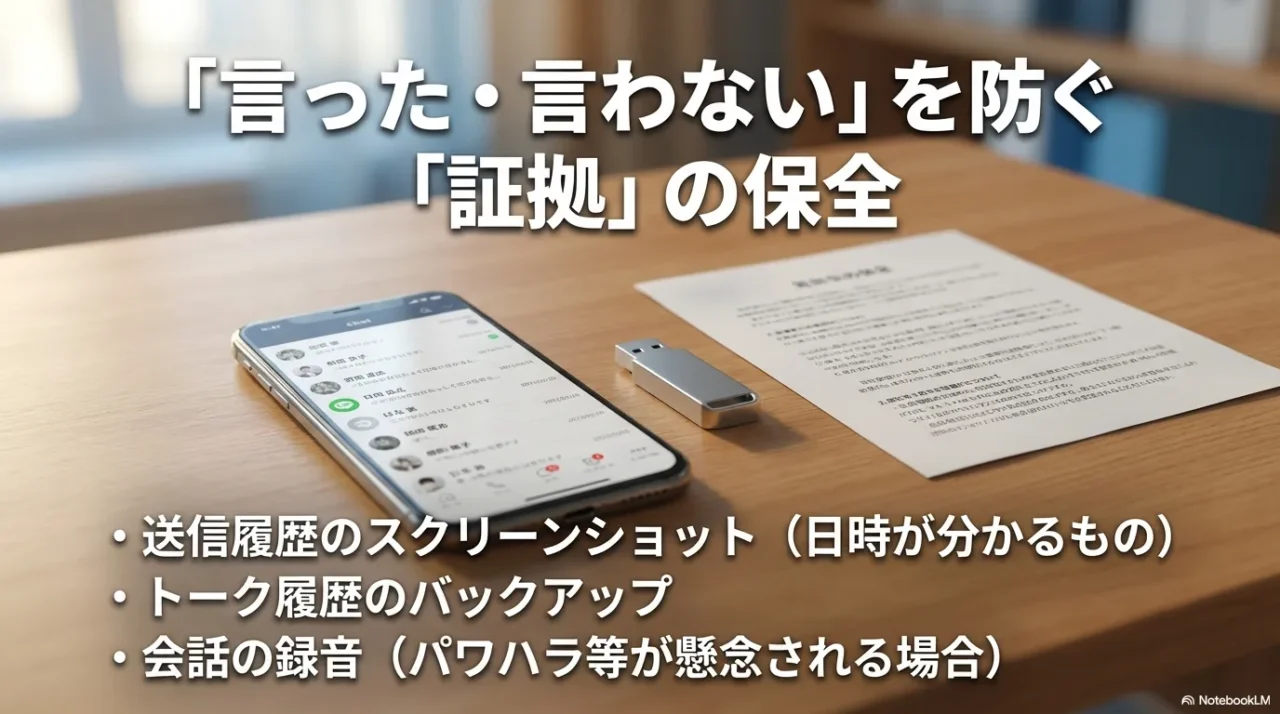 送信履歴のスクショ、トーク履歴のバックアップ、会話の録音など証拠保全を示す画像