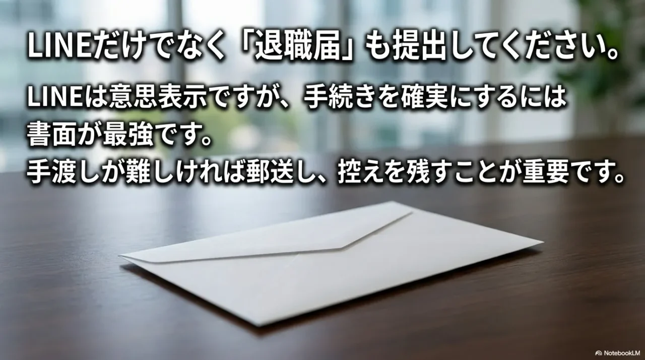 LINEに加えて退職届を提出し、手続きは書面で確定させる重要性を示す画像