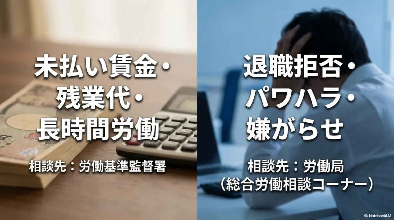 未払い賃金や残業代は労働基準監督署、退職拒否やパワハラは労働局の総合労働相談コーナーと示す画像