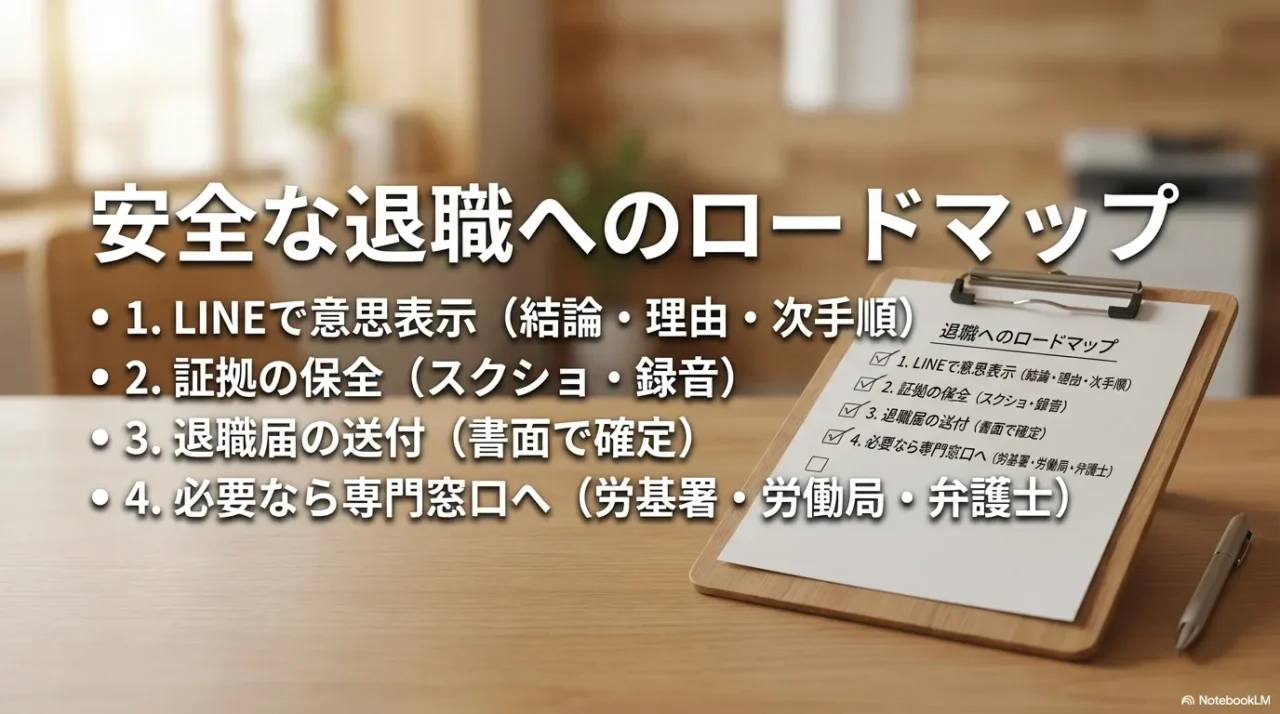 LINEで意思表示、証拠保全、退職届の送付、必要なら専門窓口へという安全手順を示す画像