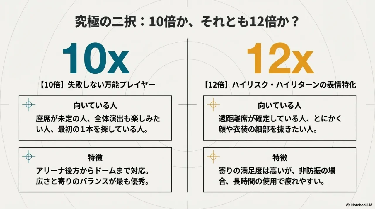10倍と12倍の向いている人と特徴を比較した画像