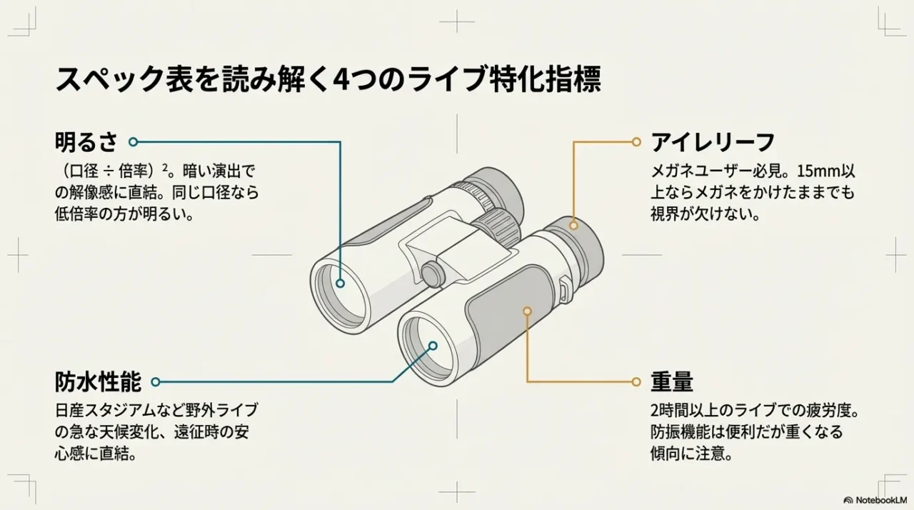 明るさ、アイレリーフ、防水性能、重量の4項目を整理した画像