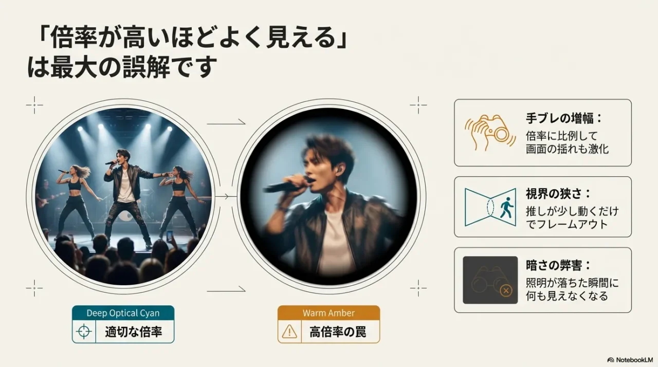 高倍率の双眼鏡で起こりやすい手ブレ、視界の狭さ、暗さを示した画像
