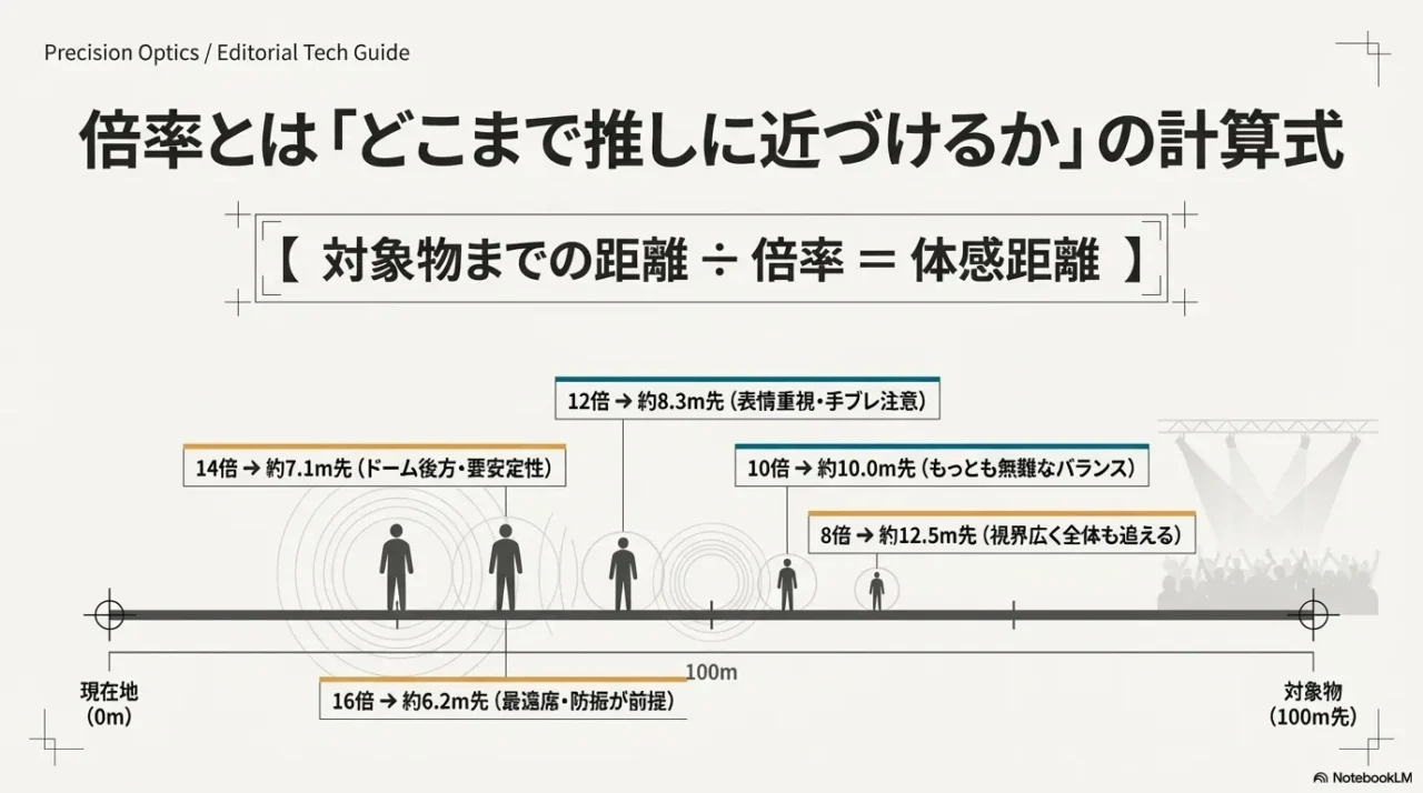100m先の対象を8倍から16倍で見たときの体感距離を示した画像