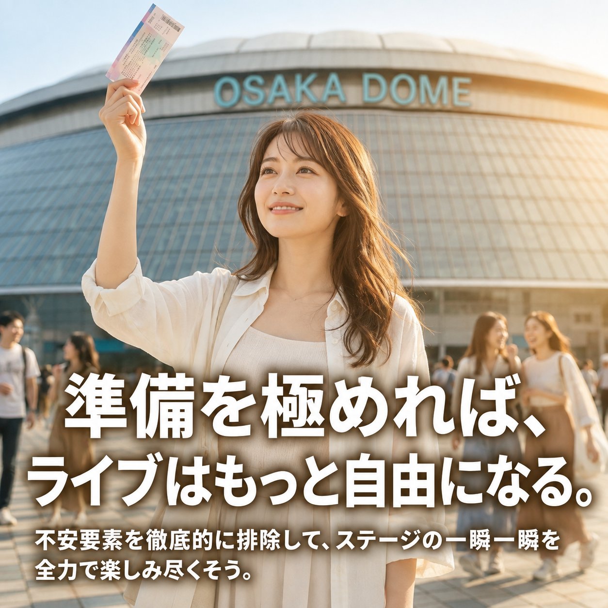 ドーム球場の前でチケットを高く掲げ、笑顔で立つ女性の写真に、準備を極めればライブはもっと自由になるという見出しが重ねられている