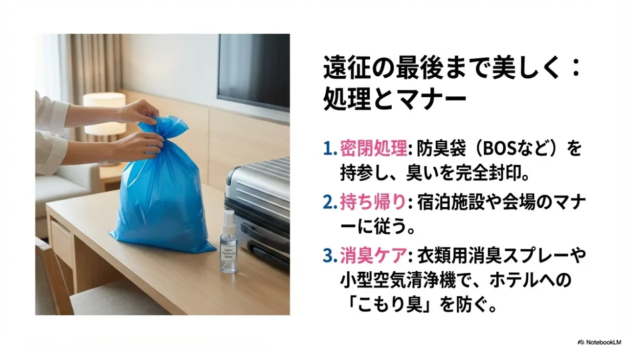 使用後は防臭袋で密閉し、会場や宿のルールに従って持ち帰り、衣類用消臭や小型空気清浄機でこもり臭をケアするスライド