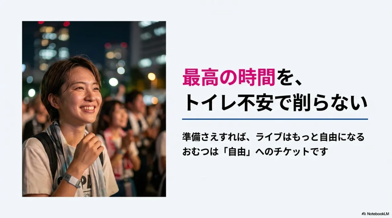 準備すればライブはもっと自由になり、おむつはトイレ不安を減らす「自由へのチケット」だと伝える締めのスライド