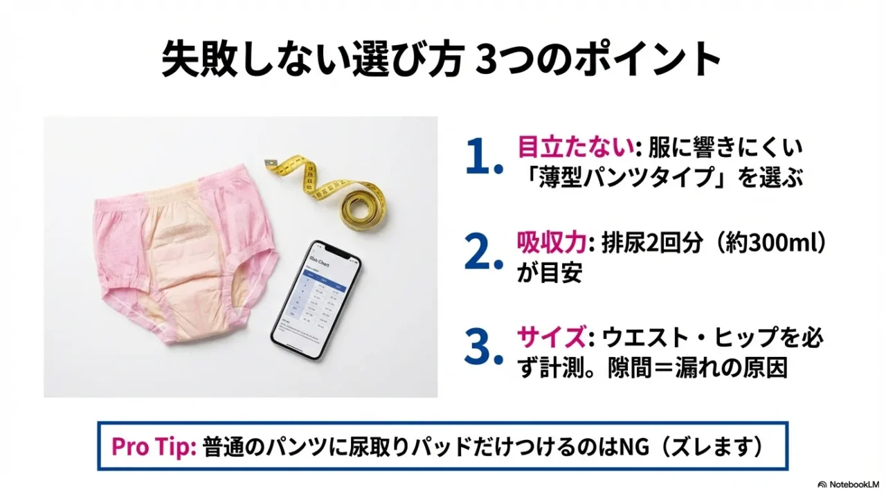 ライブ向け紙パンツは「目立たない薄さ・吸収力・サイズ適合」が重要で、尿取りパッド単体はズレやすいと説明するスライド