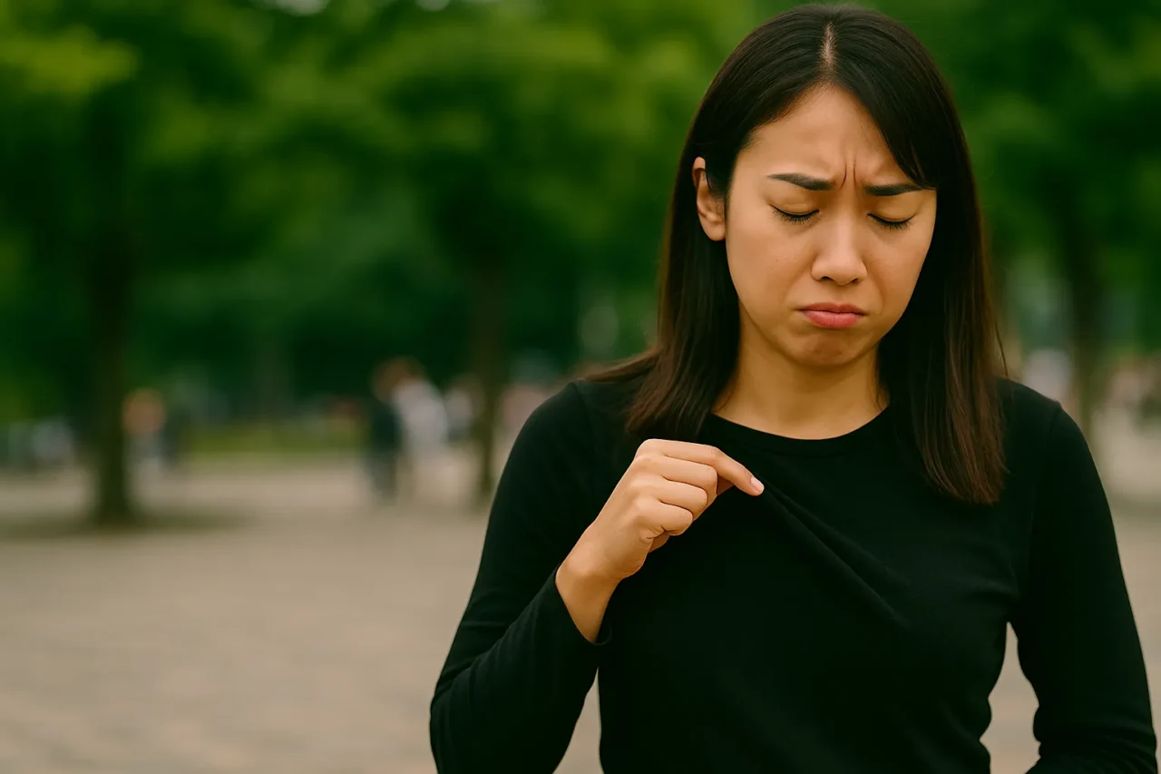 黒い服を着た日本人女性が不快な表情で服の匂いを確認している様子