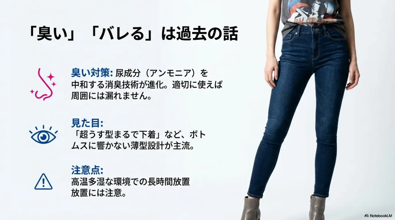 消臭技術や超薄型設計により、ライブでの「臭い」「バレる」不安は対策できると示すスライド
