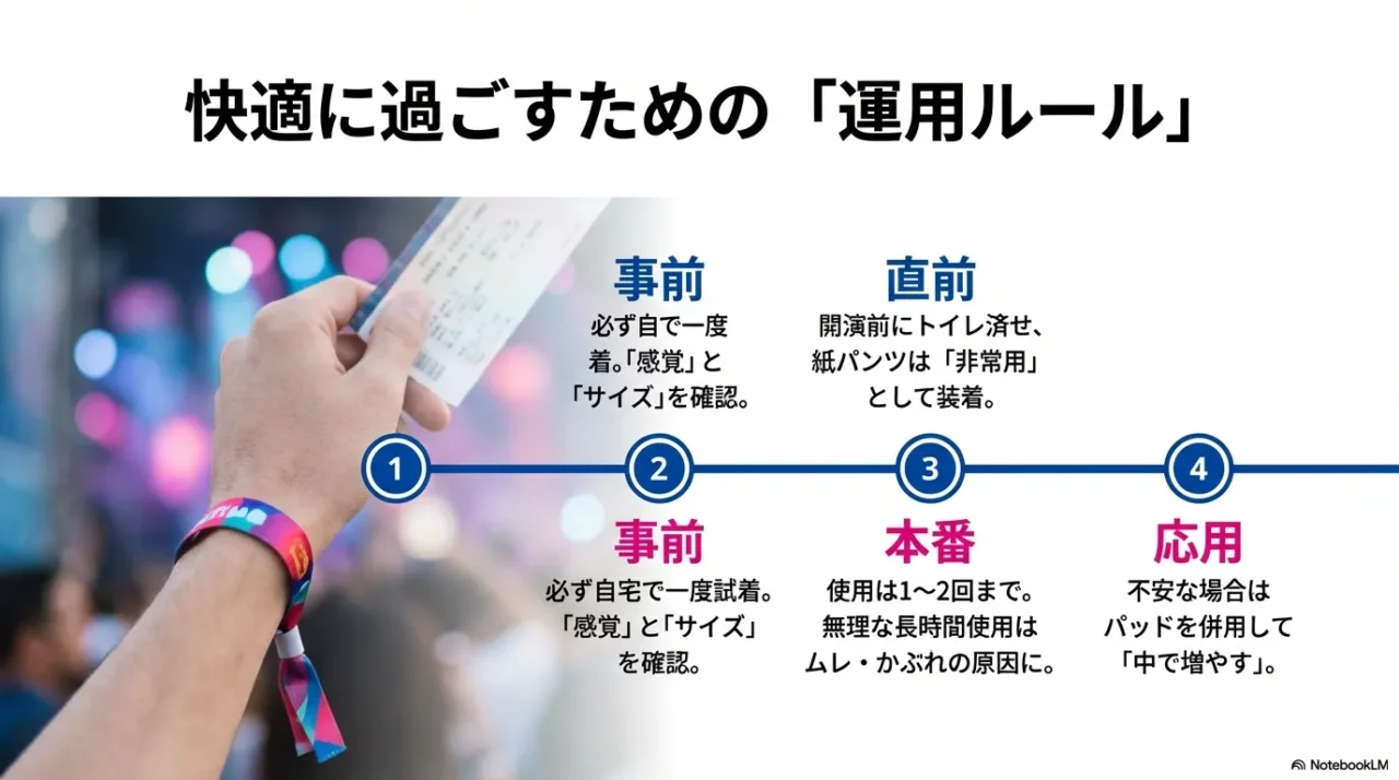 紙パンツは事前に家で試し、開演前にトイレを済ませ、本番は1〜2回を目安に運用し、不安ならパッド併用する流れを示すスライド