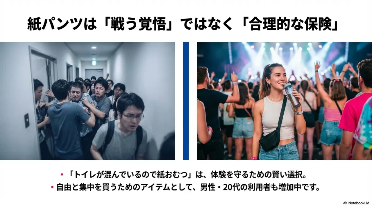 ライブのトイレ不安を減らすために、紙パンツは体験を守る合理的な保険になると説明するスライド
