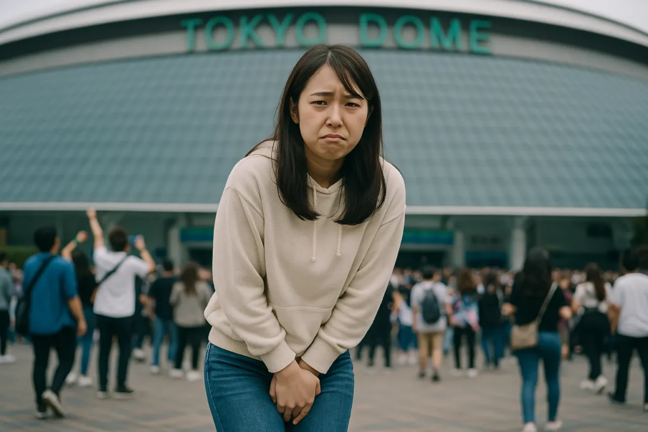 ライブ会場で困った表情を見せる女性と東京ドームの外観