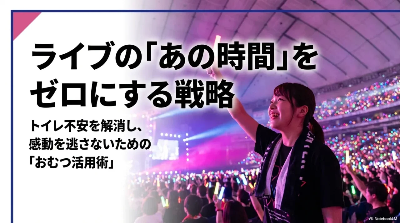 ライブ中のトイレ不安を減らすための「おむつ活用術」を紹介する表紙スライド