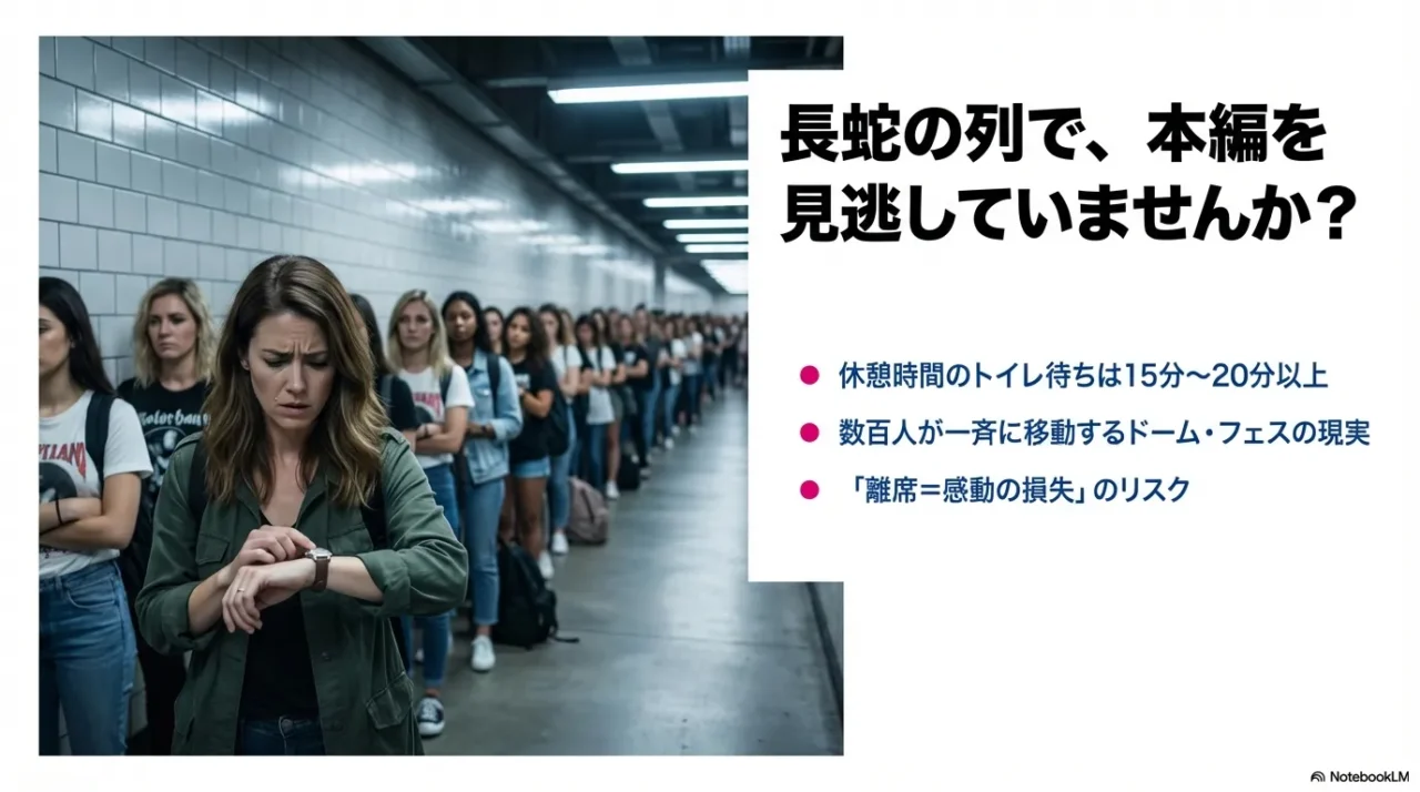 ドームやフェスで休憩時間にトイレ待ちが15〜20分以上になることがある、という問題提起スライド