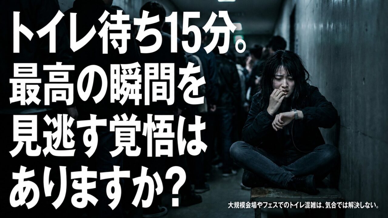 混雑したライブ会場の通路に長いトイレの列ができ、手前では女性が壁際に座り込んで腕時計を見つめ、時間を気にしている様子