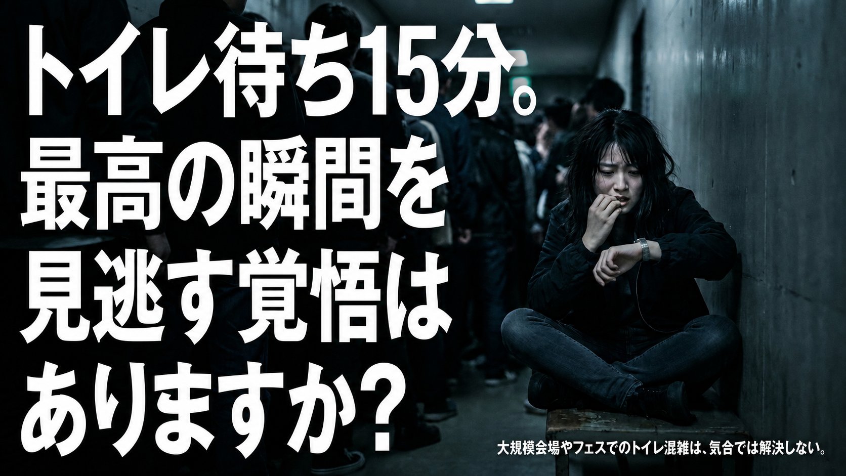 混雑したライブ会場の通路に長いトイレの列ができ、手前では女性が壁際に座り込んで腕時計を見つめ、時間を気にしている様子