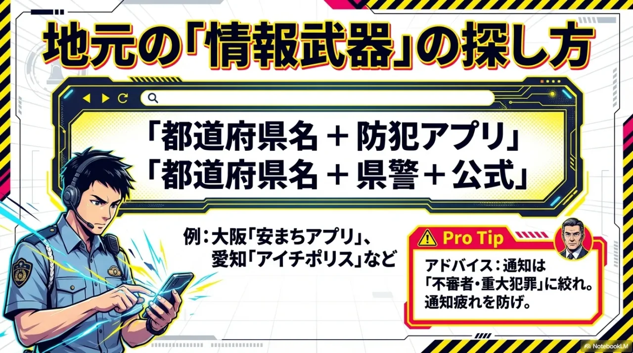 地元の防犯アプリの探し方スライド